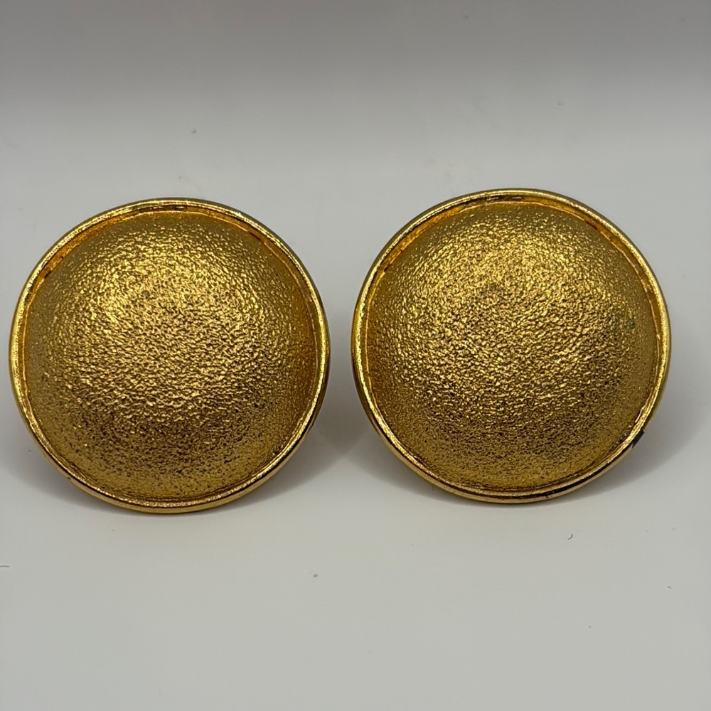 St. John Vintage 80’s 24 KT Brushed Gold Round Dome Earrings Textured Earrings